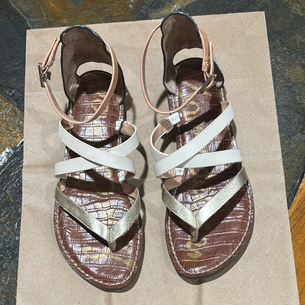Sam Edelman. Women's Strappy Sandals in Cream and Gold. Snakeskin back.